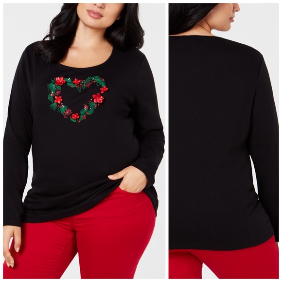 Karen Scott Tops - Holiday Heart Wreath Top Plus Size 0X